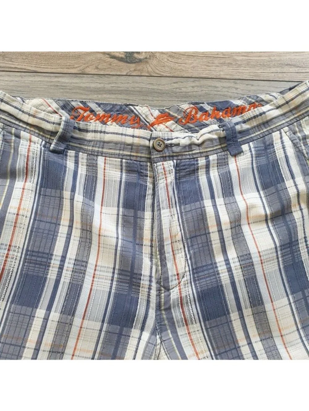 Tommy Bahama Mens Plaid Bermuda Shorts Blue White Orange Size 32 Casual Beach